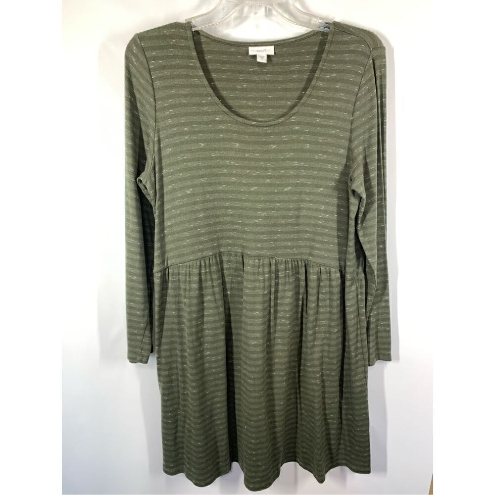 Pure Jill Women's Striped Pullover Long Sleeve Dress Olive Green Size Medium